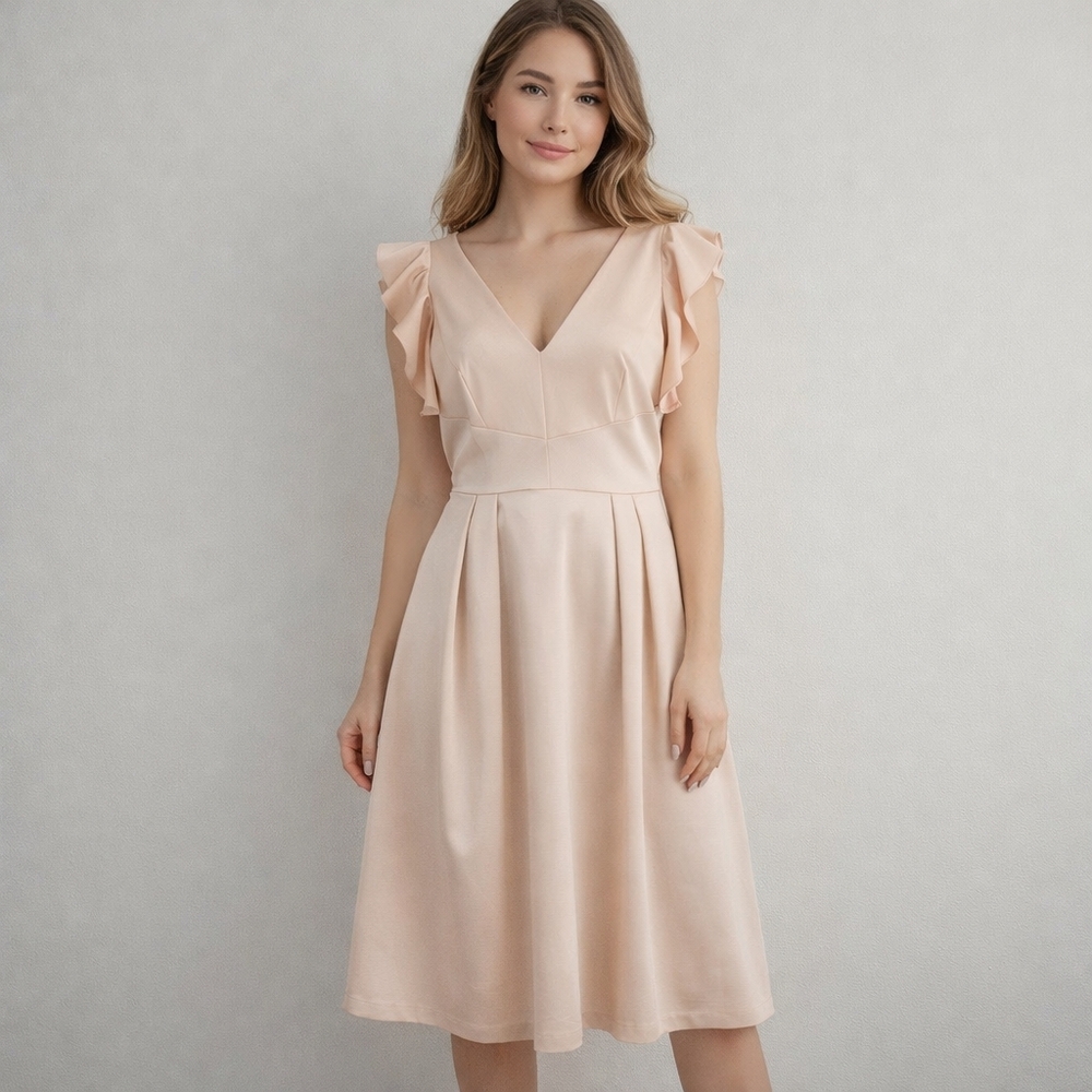 CREMIEUX Size 10 Champagne Gold 'Mary Lou' Dress Ruffle Sleeve Double V-Neckline